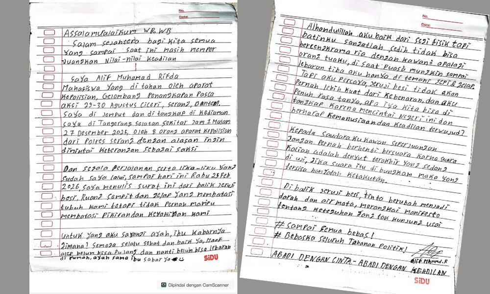 Surat Mahasiswa Tahanan Aksi Ciceri : Jeruji Besi Tak Lebih Kuat dari Kebenaran